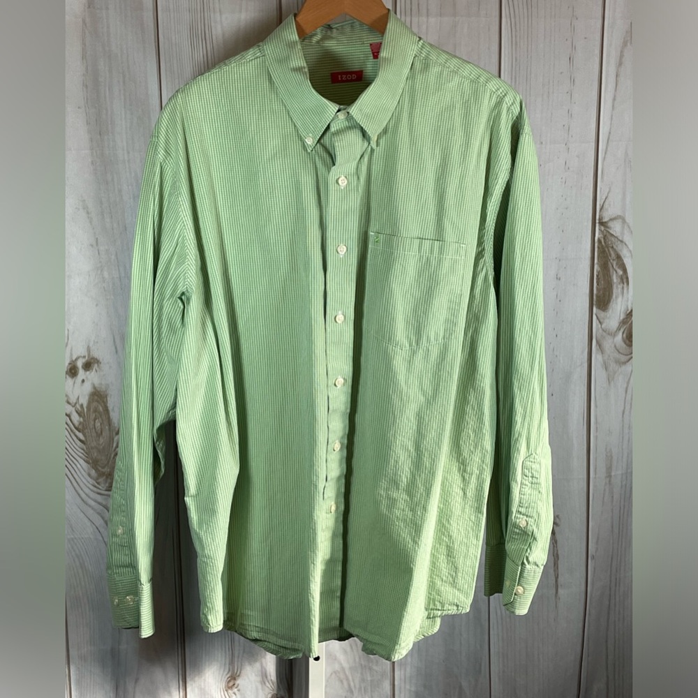 Izod Men's Button Front Dress Shirt Green White Gingham Check XL Long Sleeve EUC